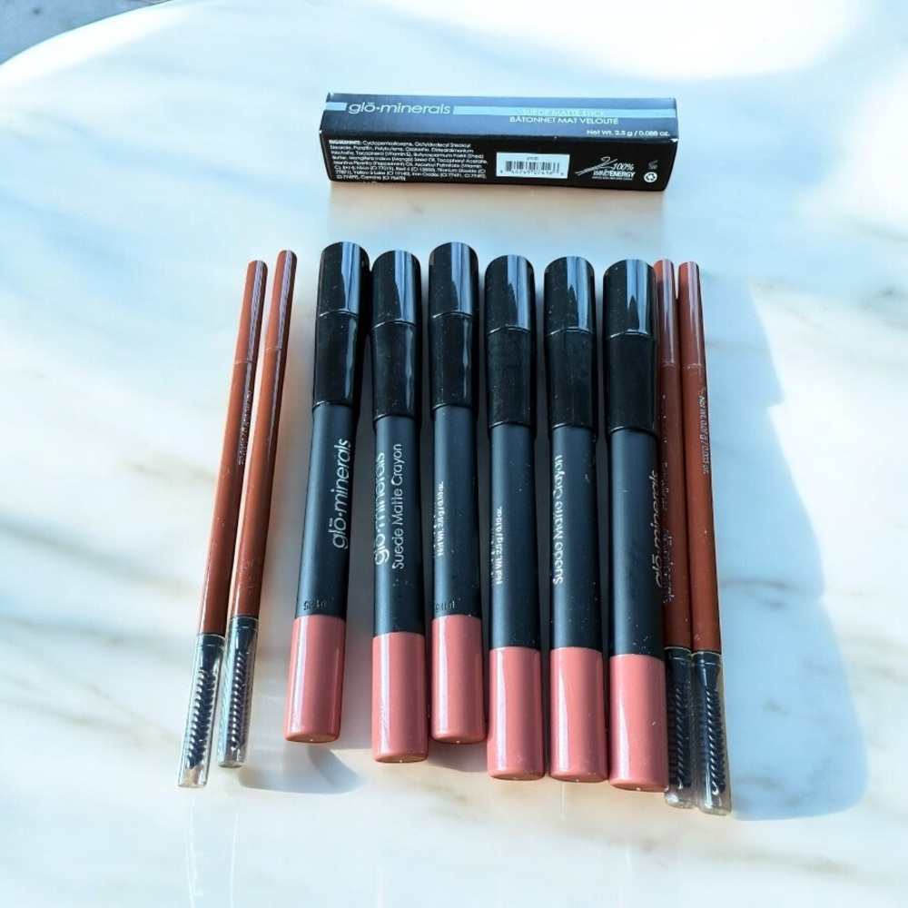 GLO MINERALS LOT OF 11 — BROW LINERS + SUEDE MATTES + POP LIPSTICK (LOT#50)